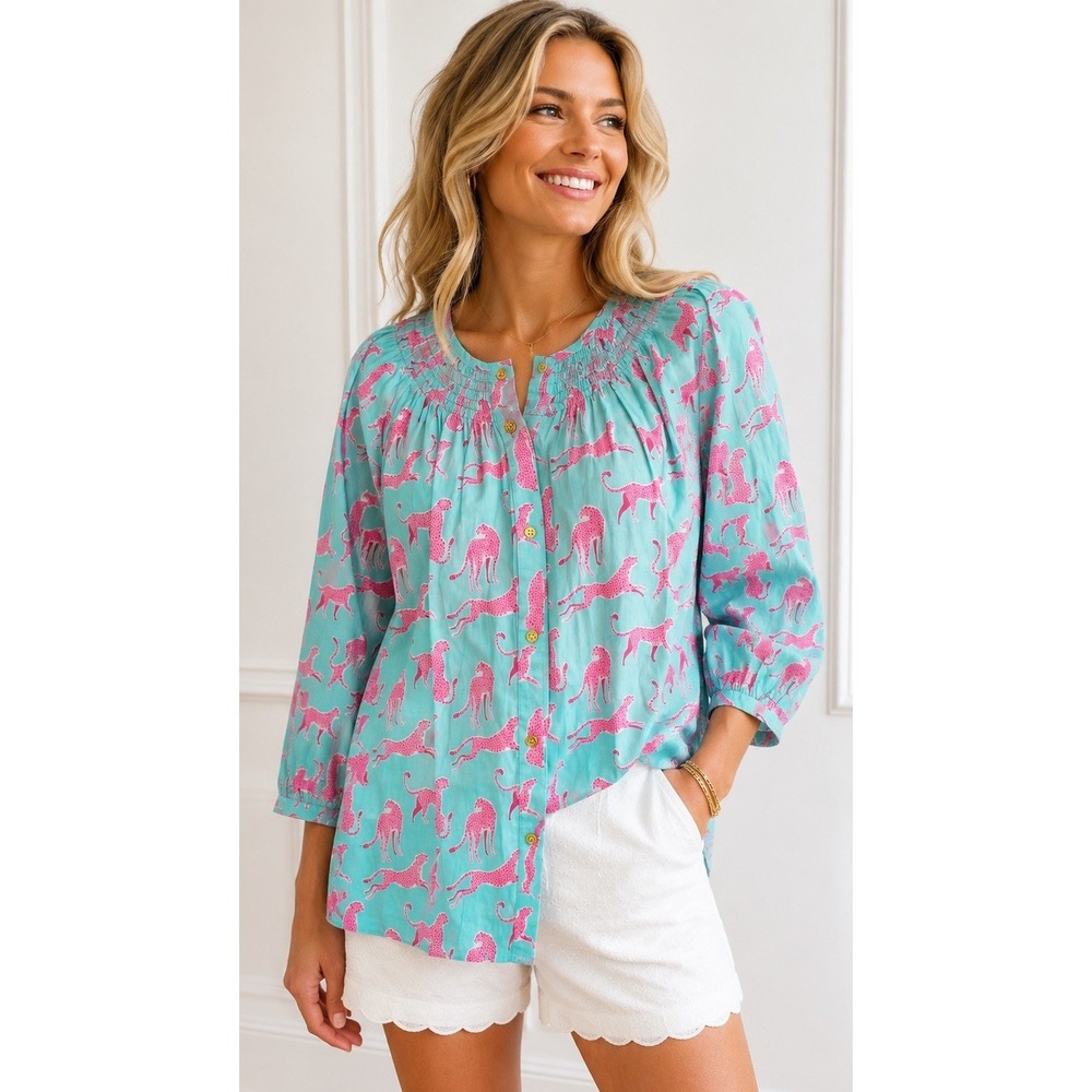 Liza Byrd  Cotton Blue Pink Cheetah Leopard Print  Peasant Blouse Top XL